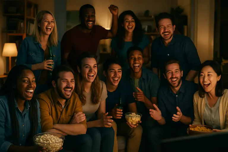 Group of viewers watching a live awards show together at home