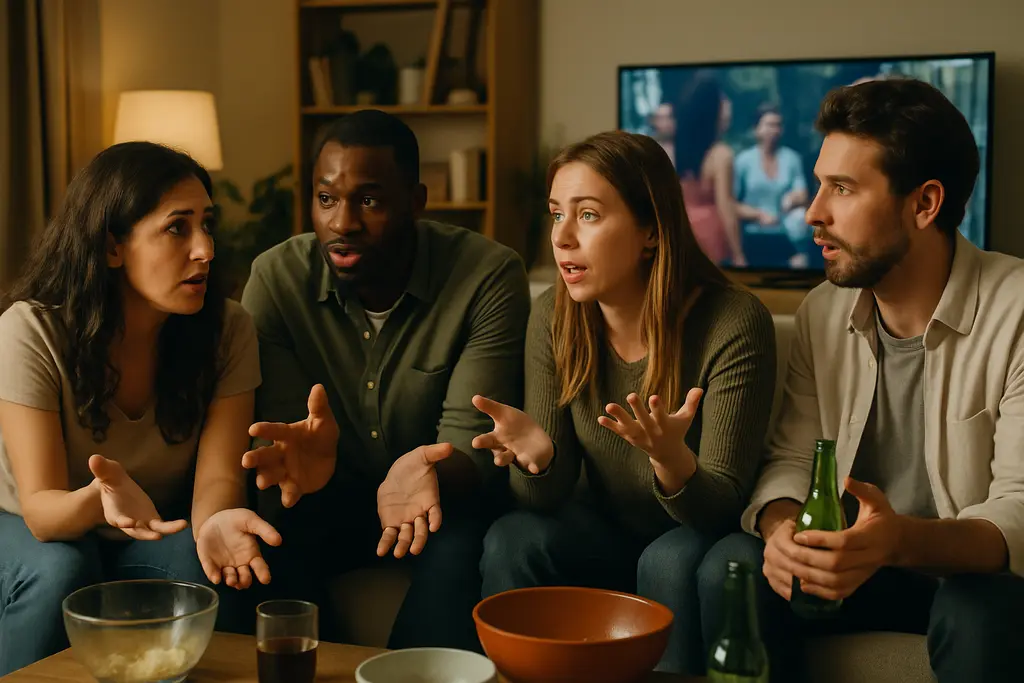 MAFS Season 20 viewers watching a reality TV reunion on a living room screen