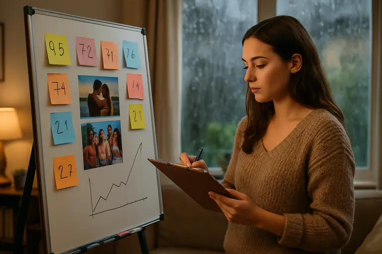 Notebook with streaming statistics beside a phone and remote control