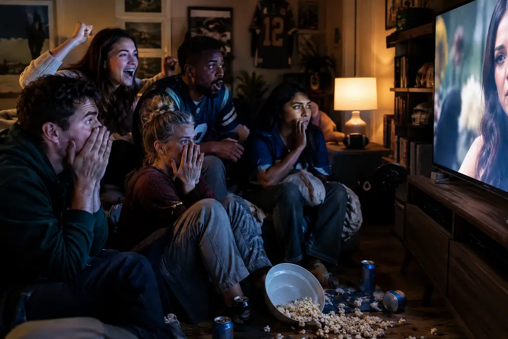 Reality TV costs shown through a viewer comparing streaming choices on a living room screen