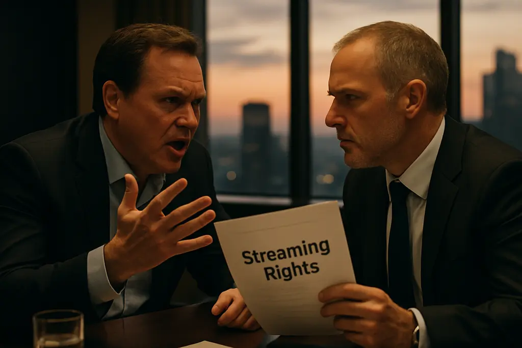 Streaming Rights Merger analysis shown through streaming apps on a living room screen