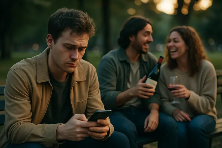 Viewer scrolling social posts while a paused TV show plays nearby
