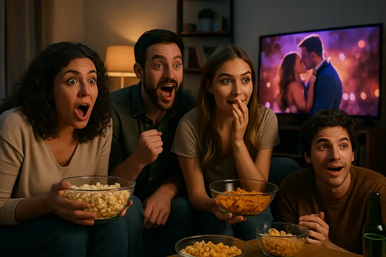 Viewer watching a candlelit dating show scene in a living room