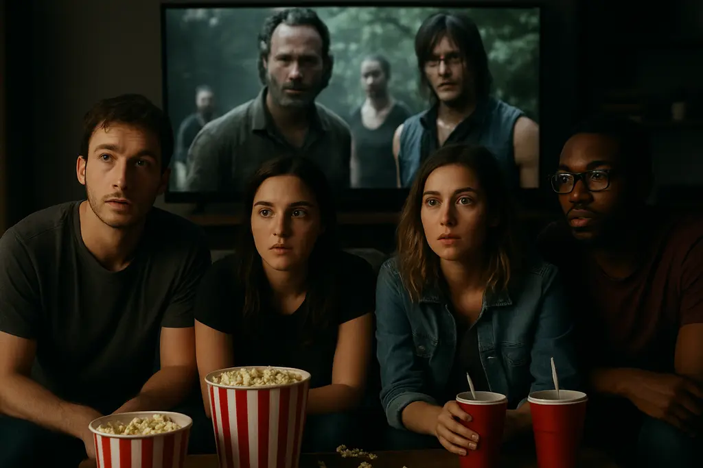 Viewers browsing the Walking Dead Netflix deal catalog on a living room screen